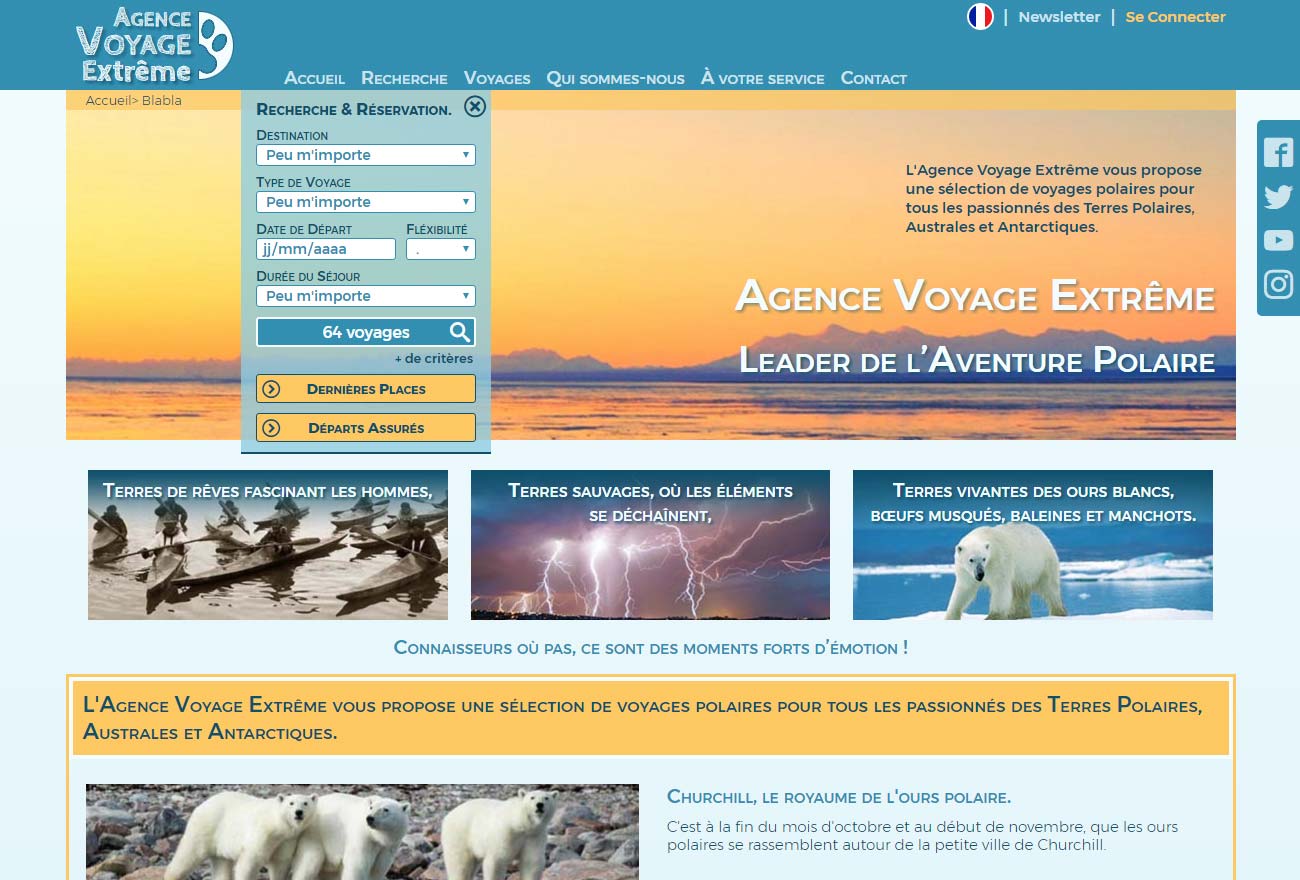 Visuel de la page d'accueil d'Agence Voyage Extrême.
